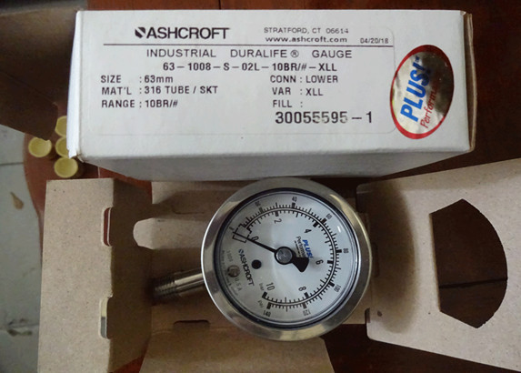 Đồng hồ đo áp suất, Model: 63-1008-S-02L-10BR/#-XLL; Range: 0-10 Bar & 0-140 Psi; Hãng: Ashcroft